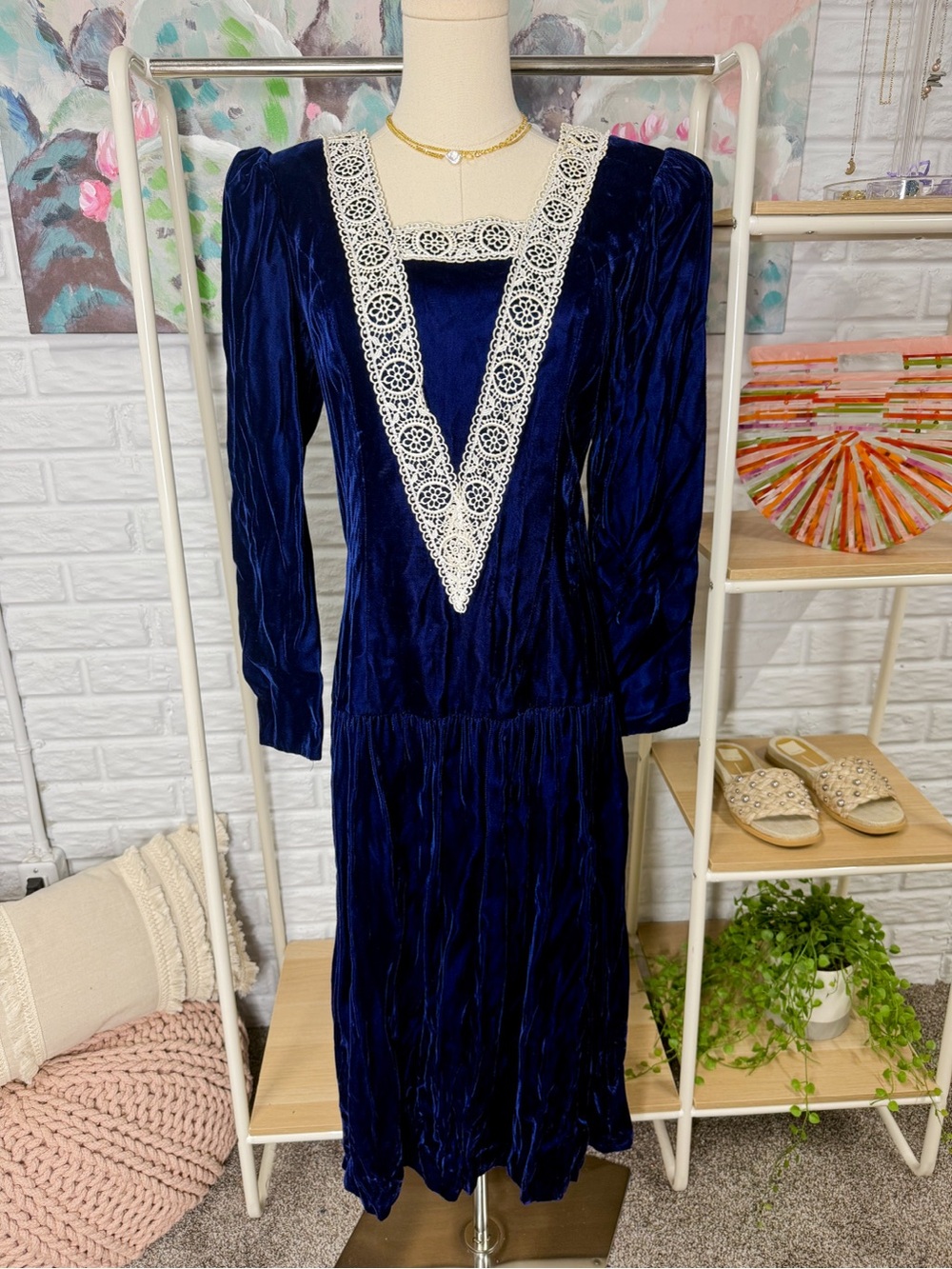 Vintage Gunne Sax Jessica McClintock Navy Blue Velvet Lace Dress Size 9